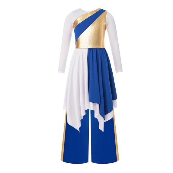 YiZYiF Kids Girls Metallic Color Block Praise Dance Dress And Wide Leg Pants Liturgical Worship Costumes Blue 12