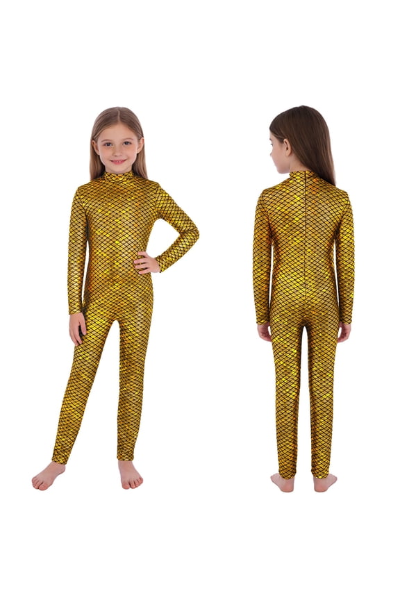 Kids Girls Metallic Fish Scale Unitard Dance Bodysuit Long Sleeve Gymnastics Figure Ice Skating Jumpsuit Gold 8