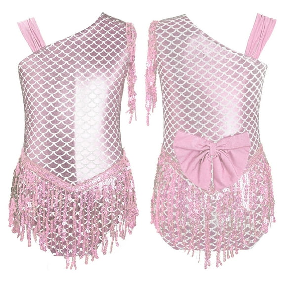 YiZYiF Kids Girls Metallic Gymnastics Ballet Dance Leotard Sparkly Sequins Tassels Mermaid Bodysuit Pink 4T