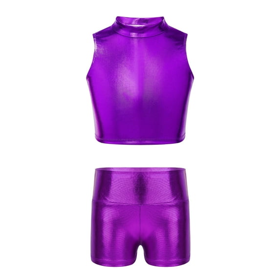 YiZYiF Kids Girls Metallic Sleeveless Crop Top with Shiny High Waist Shorts for Workout Gymnastics Dance Performance Purple 12