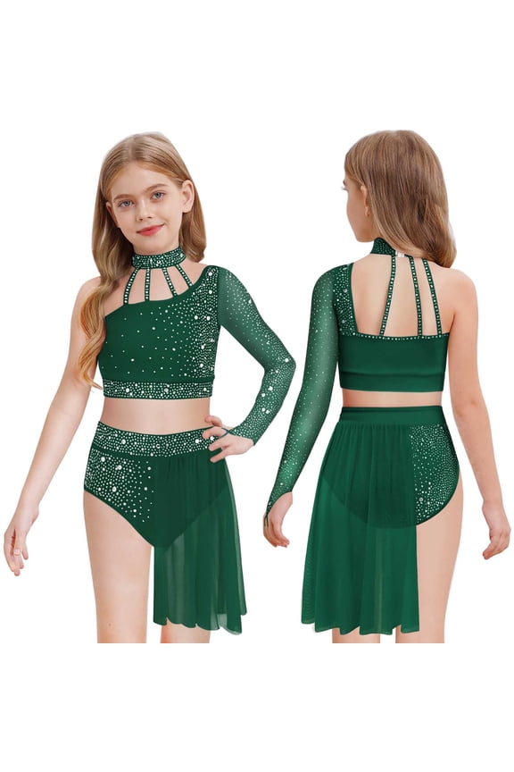 Kids Girls One Shoulder Crop Top with Skirts 2-Piece Sparkly Lyrical Ballet Dance Outfit Set Dark Green 8