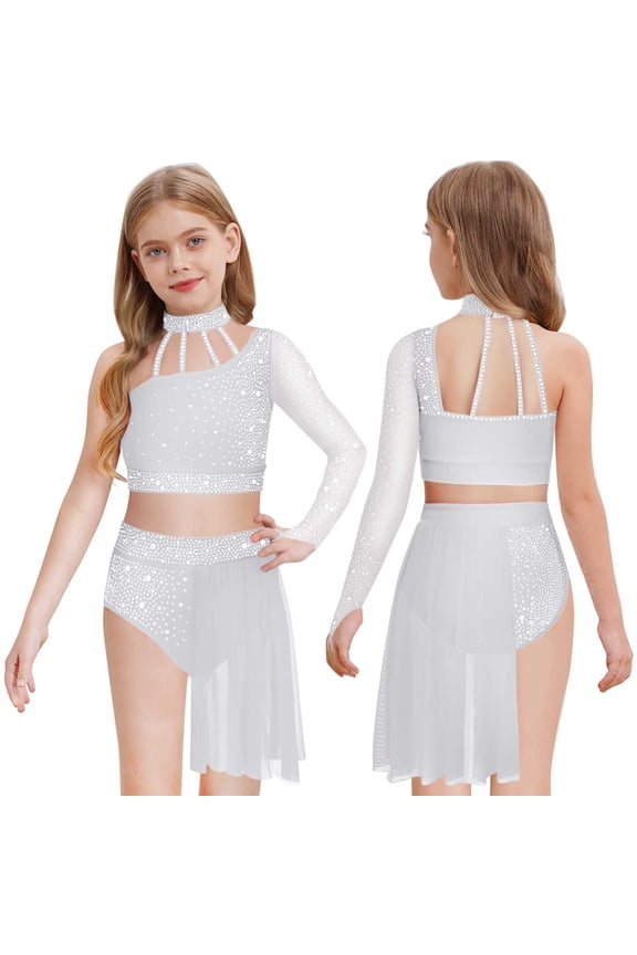 Kids Girls One Shoulder Crop Top with Skirts 2-Piece Sparkly Lyrical Ballet Dance Outfit Set White 6