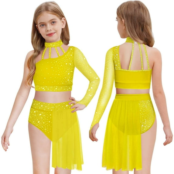 YiZYiF Kids Girls One Shoulder Crop Top with Skirts 2-Piece Sparkly Lyrical Ballet Dance Outfit Set Yellow 12