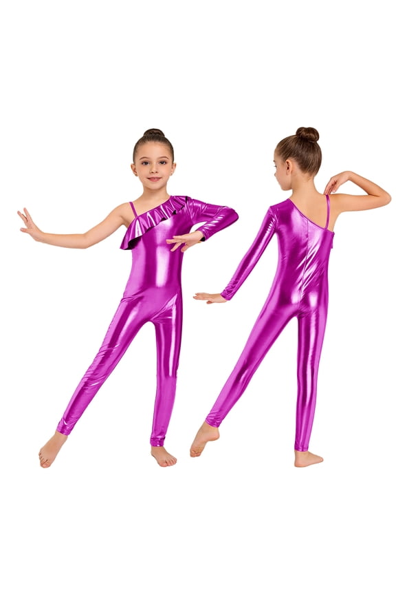 Kids Girls One Shoulder Metallic Shiny Jumpsuit for Jazz Dance Rhythmic Gymnastics Leotard Training Clothes Hot Pink 8