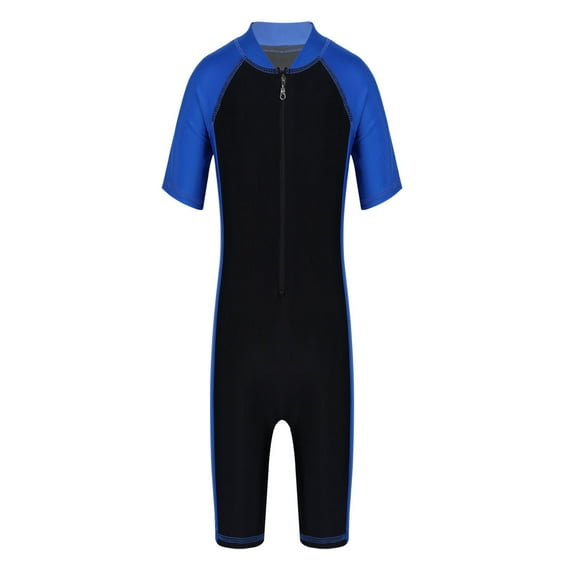 YiZYiF Kids Girls One-piece Swimsuit Swimwear Short Sleeve Zipper Rashguard Swimming Suit Blue&Black 3-4