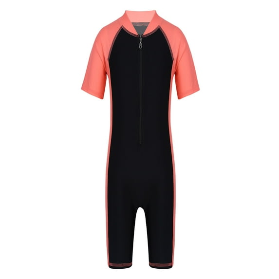 YiZYiF Kids Girls One-piece Swimsuit Swimwear Short Sleeve Zipper Rashguard Swimming Suit Watermelon Red&Black 3-4