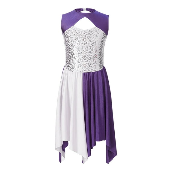 YiZYiF Kids Girls Praise Lyrical Dance Dress Sleeveless Sequins Asymmetrical Dancewear Choir Performance Dress Purple 6