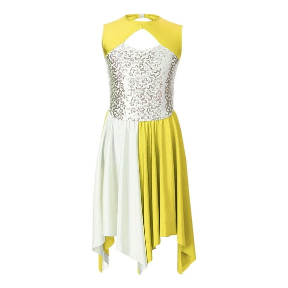 YiZYiF Kids Girls Praise Lyrical Dance Dress Sleeveless Sequins Asymmetrical Dancewear Choir Performance Dress Yellow 10