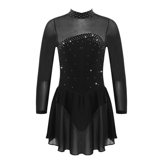 YiZYiF Kids Girls Rhinestones Figure Skating Dress Mesh Splice Gymnastic Leotard