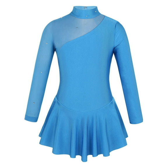 YiZYiF Kids Girls Rhinestones Tulle Skating Dress Long Sleeve Cutout Back Ballet Leotard