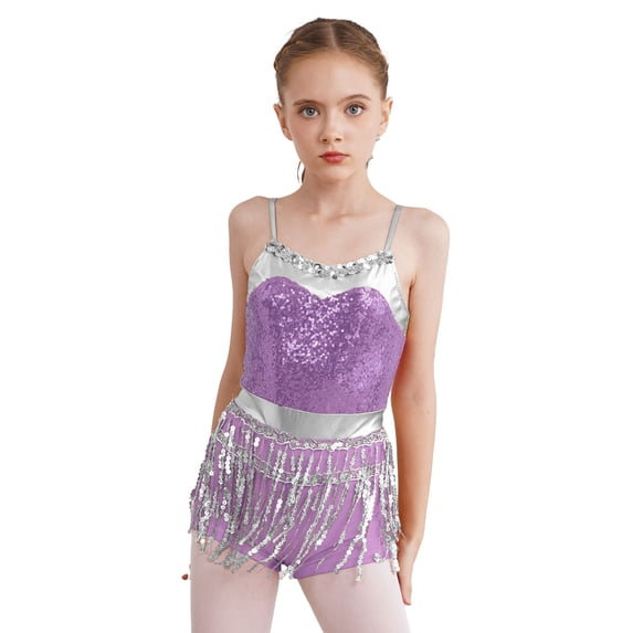 YiZYiF Kids Girls Sequin Fringe Boyleg Jumpsuit Adjustable Straps Shiny Metallic Latin Dance Cha-cha Dance Leotard Lavender 10