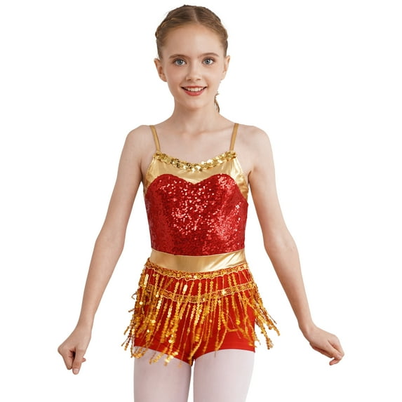 YiZYiF Kids Girls Sequin Fringe Boyleg Jumpsuit Adjustable Straps Shiny Metallic Latin Dance Cha-cha Dance Leotard Red 12