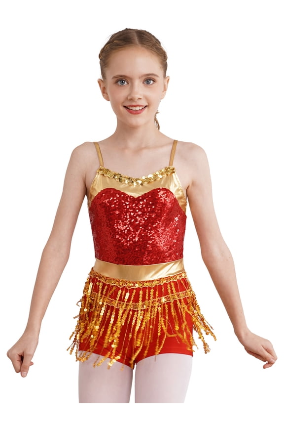 Kids Girls Sequin Fringe Boyleg Jumpsuit Adjustable Straps Shiny Metallic Latin Dance Cha-cha Dance Leotard Red 14