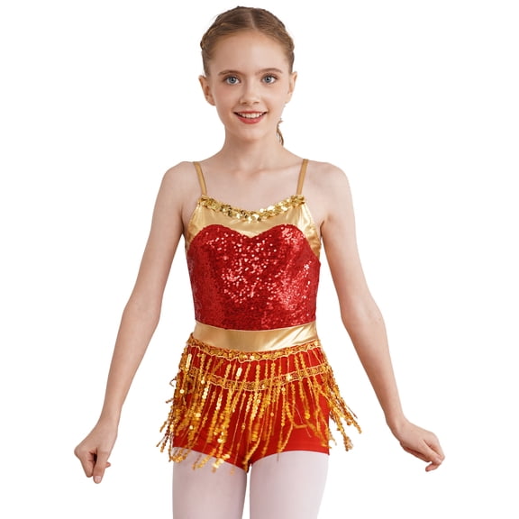 YiZYiF Kids Girls Sequin Fringe Boyleg Jumpsuit Adjustable Straps Shiny Metallic Latin Dance Cha-cha Dance Leotard Red 14