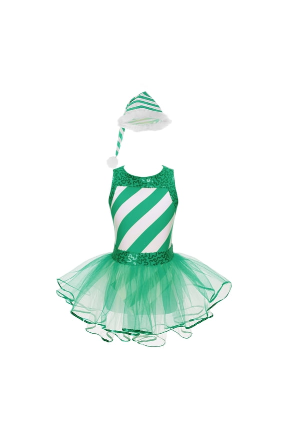 Kids Girls Sequin Stripe Ballet Leotard Tutu Dress Christmas Dance Figure Skating Costumes Green 4