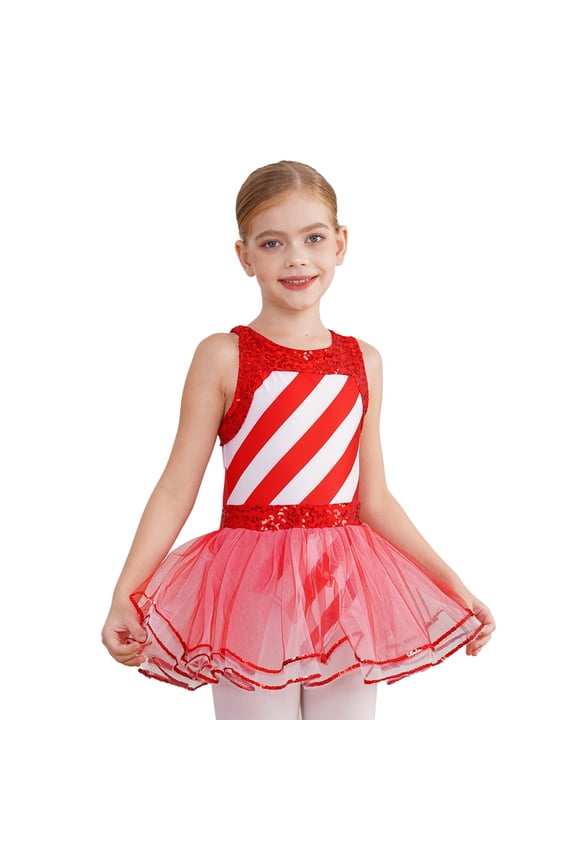 Kids Girls Sequin Stripe Ballet Leotard Tutu Dress Christmas Dance Figure Skating Costumes Red-A 4
