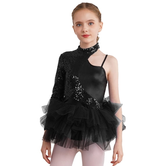 YiZYiF Kids Girls Sequins Jazz Latin Dance Dress Ballet Tutu Mesh Skirt Gymnastics Leotard Costume Black 16