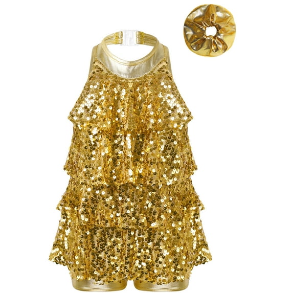 YiZYiF Kids Girls Sequins Jazz Latin Dance Leotard Dress Sparkly Performance Stage Party Wear Gold 8