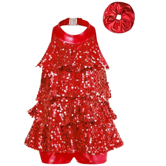 YiZYiF Kids Girls Sequins Jazz Latin Dance Leotard Dress Sparkly Performance Stage Party Wear Red 8