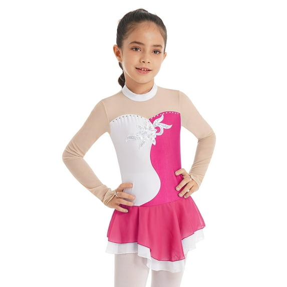 YiZYiF Kids Girls Sequins Mesh Patchwork Ballet Dance Leotard Skating Dress,Sizes 6-16
