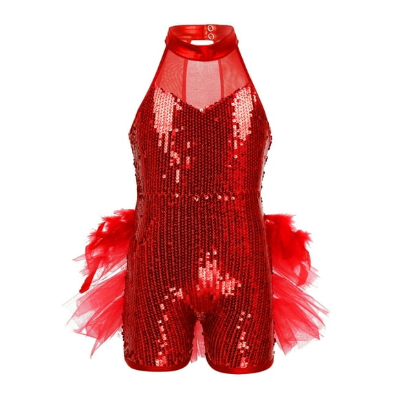 YiZYiF Kids Girls Sequins Mesh Ruffles Ballet Leotard Jazz Latin Dancewear Costume Red 12