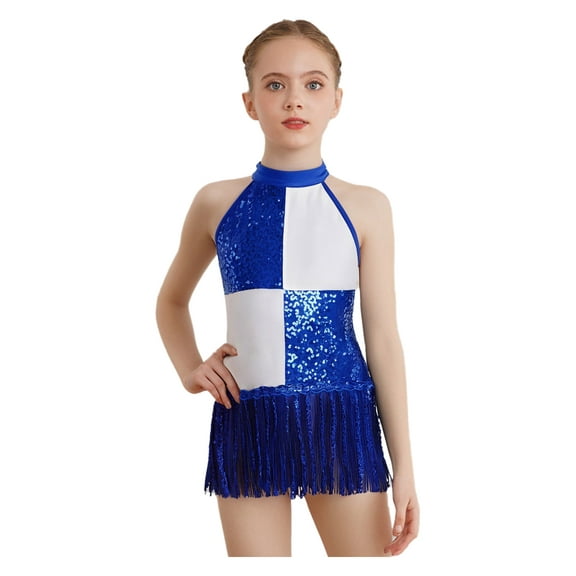 YiZYiF Kids Girls Sequins Modern Jazz Samba Latin Leotard Halter Tank Tassel Bodysuit Dance Dress Blue 12