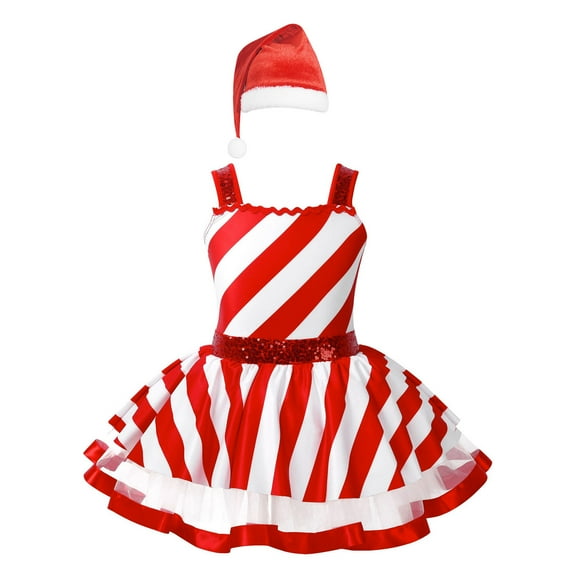 YiZYiF Kids Girls Sequins Striped Tutu Dance Dress Figure Skating Christmas Party Candy Cane Costume Red 12