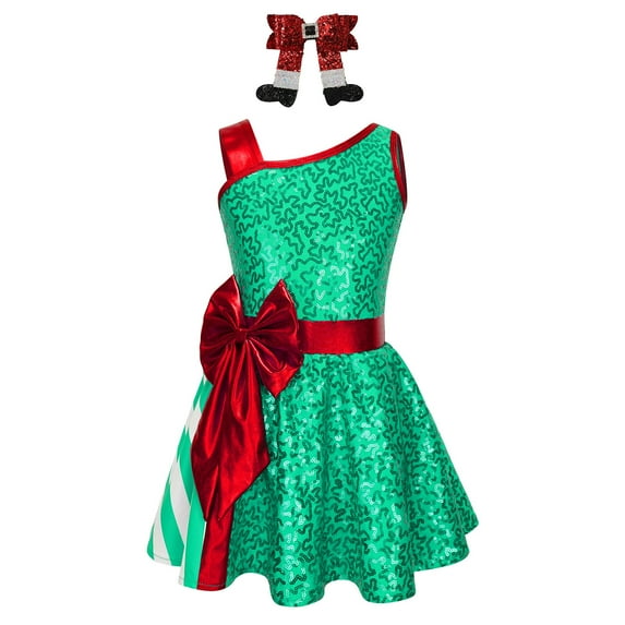 YiZYiF Kids Girls Sequins Striped Tutu Dress Christmas Dance Costume Figure Skating Dresses Green 14