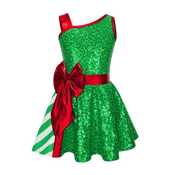 YiZYiF Kids Girls Sequins Striped Tutu Dress Christmas Dance Costume Figure Skating Dresses Green-A 10