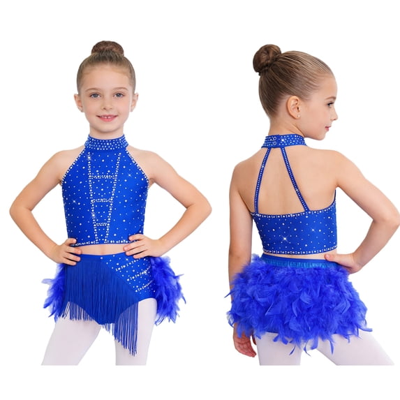 YiZYiF Kids Girls Shiny Dance Crop Top and Tassel Feather Briefs Skirt 2 Piece Ballet Latin Jazz Dance Outfit Set Royal Blue 14