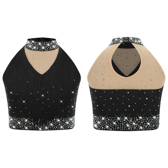 YiZYiF Kids Girls Shiny Fringe Dance Vest Halter Neck Sleeveless Crop Top Ballroom Jazz Latin Dancewear Black 10