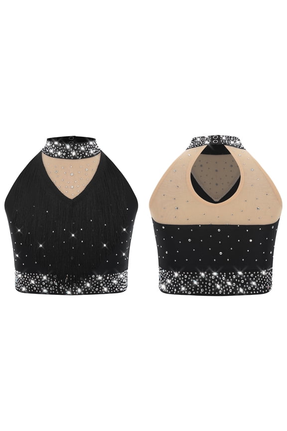 Kids Girls Shiny Fringe Dance Vest Halter Neck Sleeveless Crop Top Ballroom Jazz Latin Dancewear Black 6