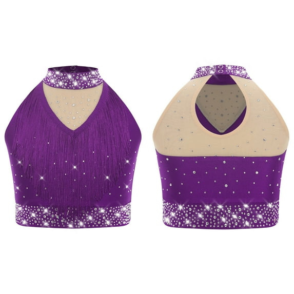 YiZYiF Kids Girls Shiny Fringe Dance Vest Halter Neck Sleeveless Crop Top Ballroom Jazz Latin Dancewear Purple 10