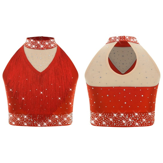 YiZYiF Kids Girls Shiny Fringe Dance Vest Halter Neck Sleeveless Crop Top Ballroom Jazz Latin Dancewear Red 8