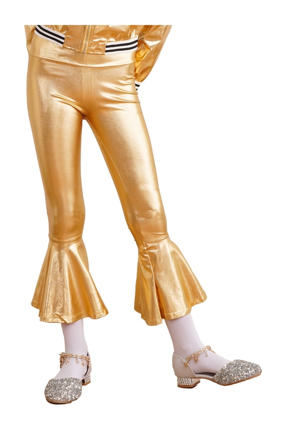 Kids Girls Shiny High Waist Flare Leggings Metallic Dance Pants Bell Bottoms Gold 6
