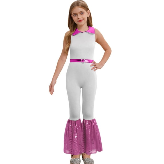 YiZYiF Kids Girls Shiny Metallic 70s 80s Hippie Disco Outfits Sleeveless Bell-Bottoms Dance Jumpsuit Silver 12