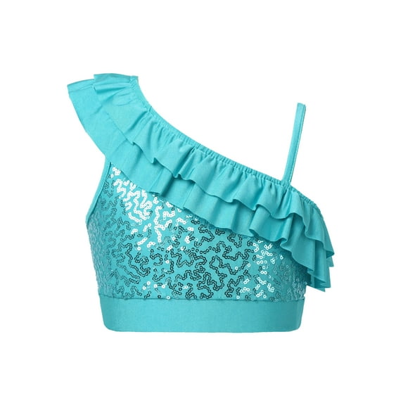 YiZYiF Kids Girls Shiny Metallic Dance Crop Tops One Shoulder Gymnastics Tank Top Blue 8