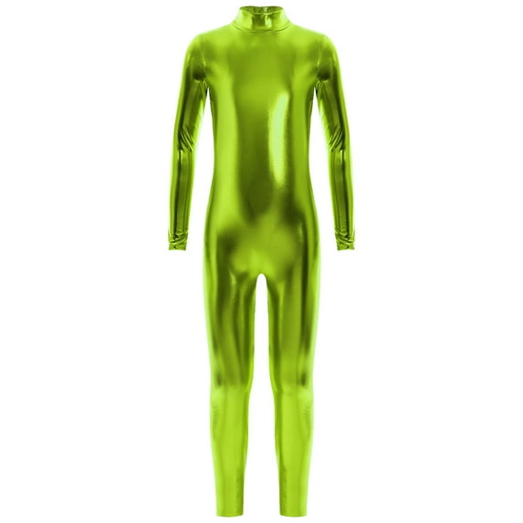 YiZYiF Kids Girls Shiny Metallic Dance Unitard One Piece Wet Look Bodysuit Long Sleeve Jumpsuit Green XL/150