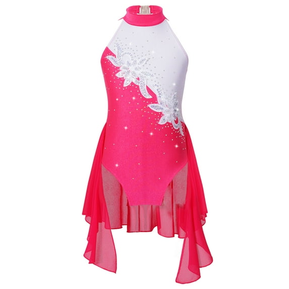 YiZYiF Kids Girls Shiny Rhinestone Sequins Floral Chiffon Dance Dress Sleeveless Backless Skirted Leotard for Gymnastics Dance