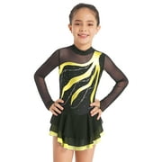 YiZYiF Kids Girls Shiny Rhinestones Dance Costume Stand Collar Long Sleeve Figure Skating Dress Yellow 10