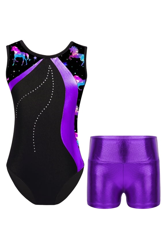 Kids Girls Shiny Rhinestones Gymnastics Leotard Dance Unitard Biketard with Shorts Gym Suit Purple 10