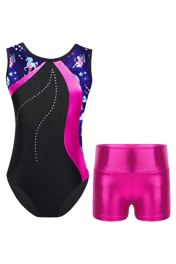 Kids Girls Shiny Rhinestones Gymnastics Leotard Dance Unitard Biketard with Shorts Gym Suit Rose 4