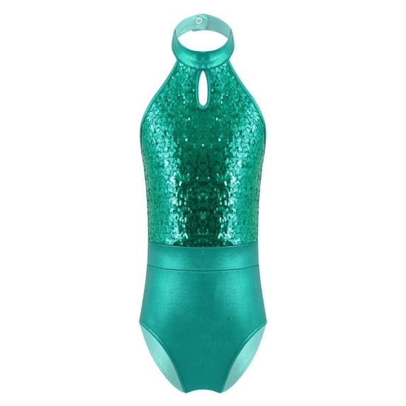 YiZYiF Kids Girls Shiny Sequins Ballet Dance Gymnastic Tank Leotard Unitard Green 14