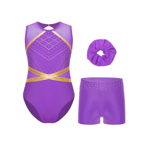 YiZYiF Kids Girls Shiny Sleeveless Leotard with Shorts Set for Gymnastics Dance Skating Costume Purple-B 14