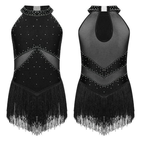 YiZYiF Kids Girls Shiny Tassel Jazz Latin Dance Dress Leotard Keyhole Back Lyrical Dance Costume Black 16