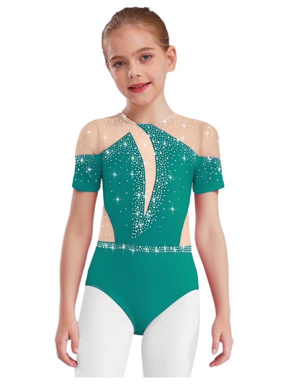 Kids Girls Short Sleeve Gymnastics Leotard Athletic Dance Bodysuit Sparkle Rhinestones Green 16