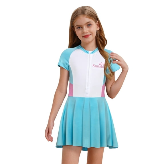 YiZYiF Kids Girls Short Sleeve Zip Neck One Piece Swim Dress with Built Shorts Rash Guard Swimsuit Light Blue 130/M No Pads
