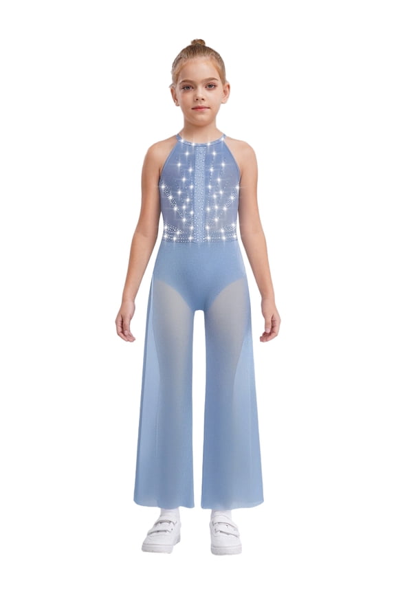 Girls Rhinestone Jazz Dance Jumpsuit Shimmery Sides Split Wide-Leg Romper Built-in Briefs Dusty Blue 16