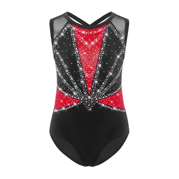 YiZYiF Kids Girls Sleeveless Cross Back Gymnastics Leotards Sparkly Ballet Dance Bodysuit Unitard Red 8