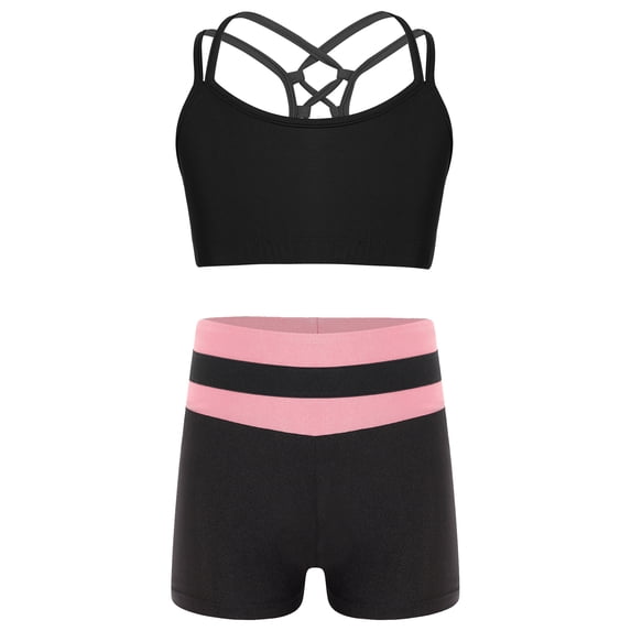 YiZYiF Kids Girls Sleeveless Double Straps Criss Cross Crop Top with Color Block Shorts for Dance Sports Workout A Pink 8